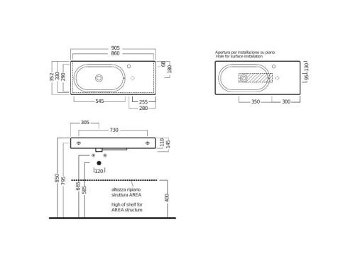 Раковина из сантехнического фаянса Hatria AREA Y0UE01 90х40 подвесная цвет белый без отверстий под смеситель - фото 2
