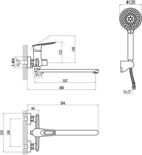 Смеситель для ванны и душа Savol S-600609A настенный хром - фото 2