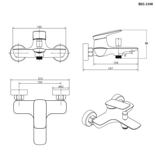 Смеситель для ванны Bond Cube B03-3100 настенный хром - фото 4