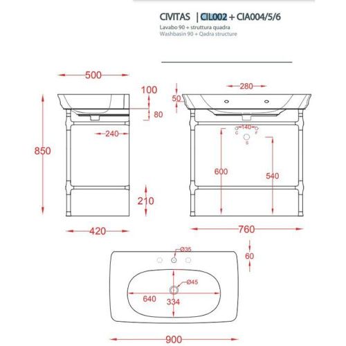 Раковина керамическая Artceram CIVITAS CIL002 01 00 *1 90 см подвесная цвет белый 1 отверстие под смеситель - фото 2