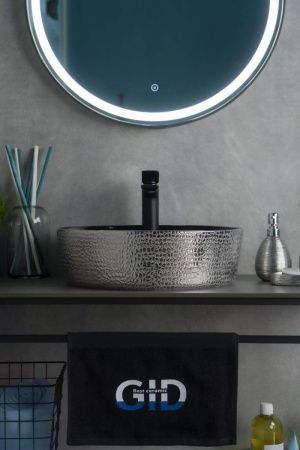 Раковина керамическая Gid 53315 40х40 накладная цвет черный/серебро без отверстий под смеситель