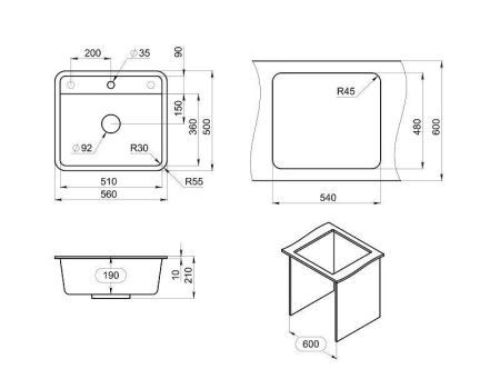 Кухонная мойка Granula Стандарт 5601, ЧЁРНЫЙ 56х50 цвет черный поверхность матовая
