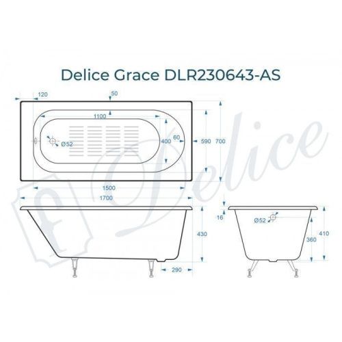 Ванна чугунная Delice Grace DLR230643-AS 170х70 пристенная прямоугольная без ножек с антискользящим покрытием - фото 2