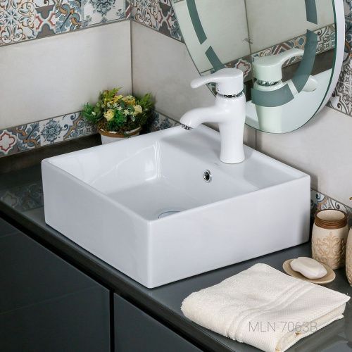 Раковина из сантехнического фарфора Melana 7063B-805 40х40 накладная цвет белый 1 отверстие под смеситель - фото 3